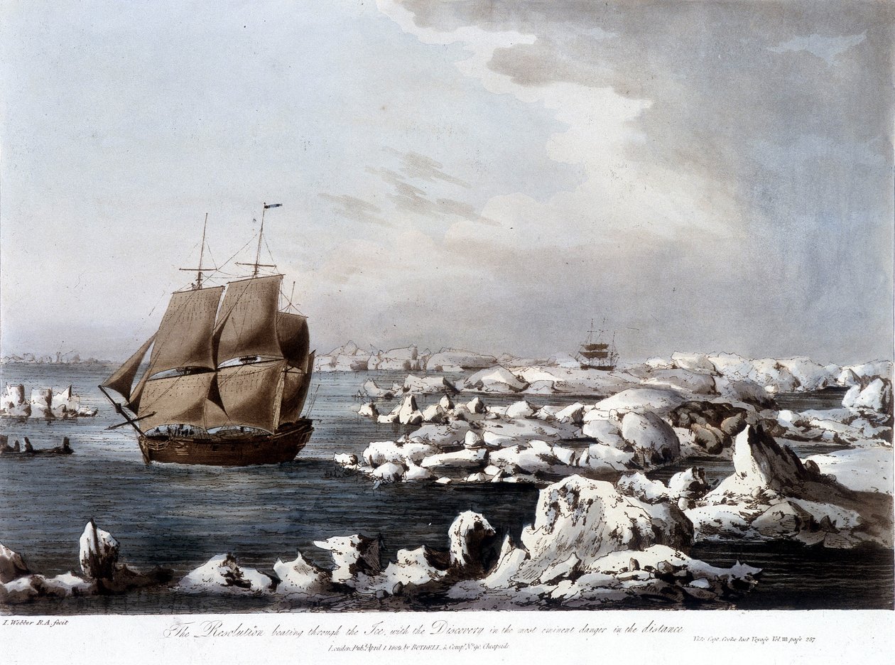 James Cook utazásai: a Resolutions hajó az előtérben, a Discovery pedig a jégbe került a háttérben – a „” Cook kapitány utolsó útja” című filmben. III. alkotó: Unknown artist