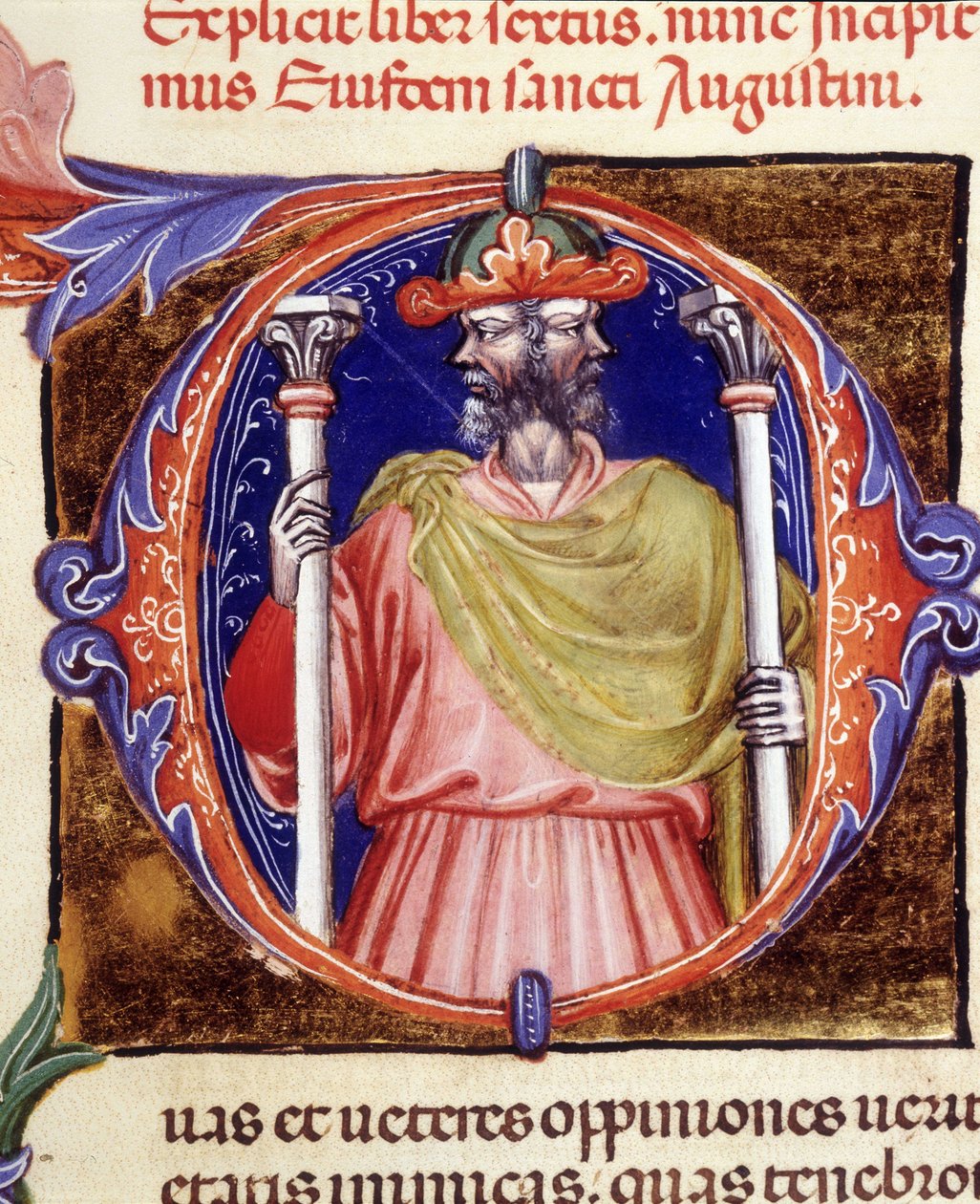 Janus, római istenség, két ellentétes arc – Szent Ágoston „De civitate dei” kéziratából, a 15. század elején. Városi Bibl. Riminiből. alkotó: Unknown artist