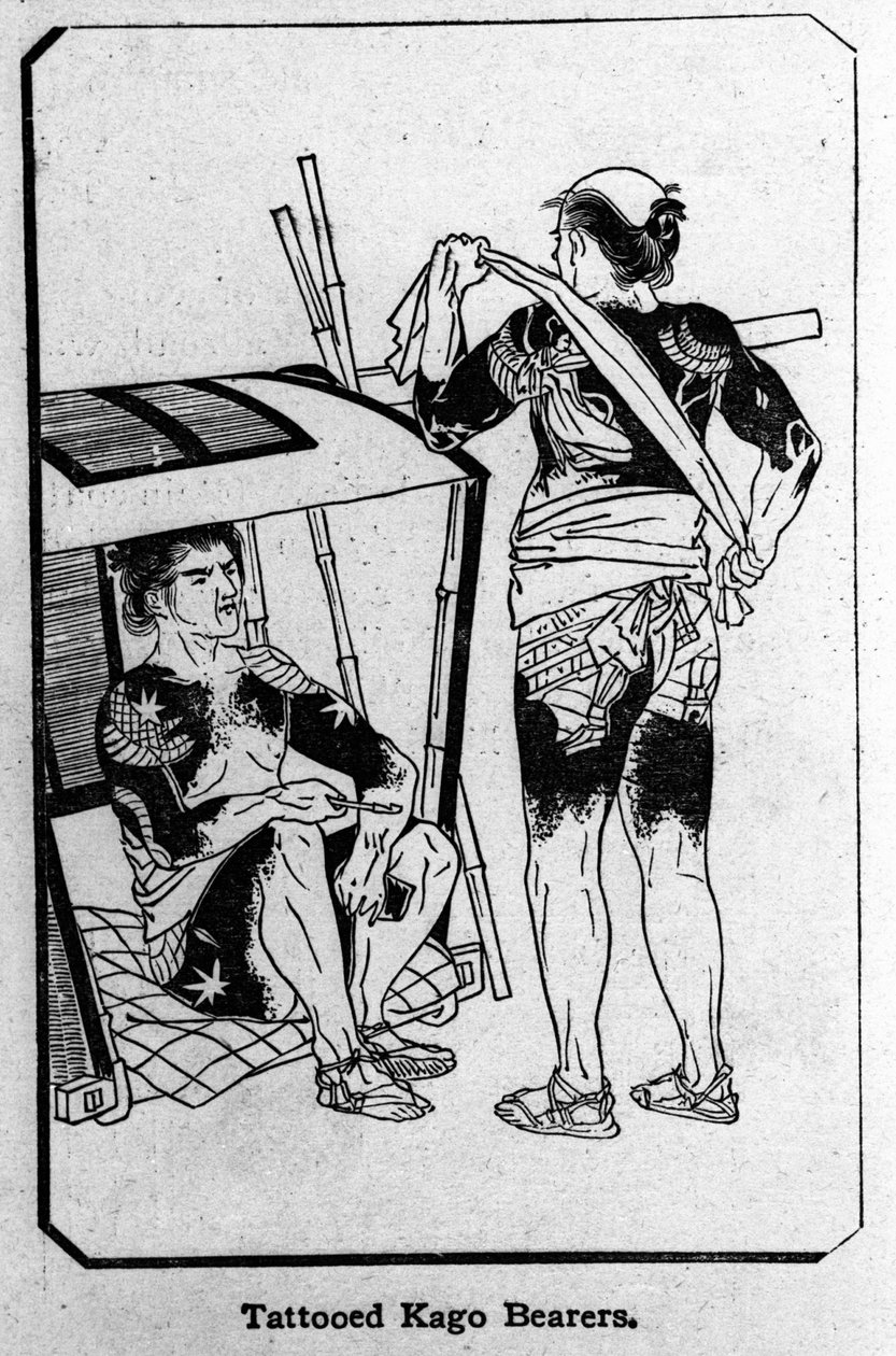 Japán. A Kago hordozók teljesen tetováltak. Rajz. alkotó: Unknown artist