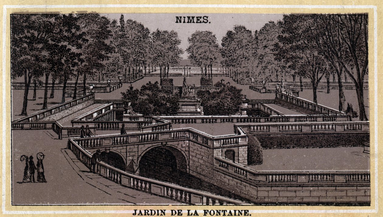 Jardin de la Fontaine Nimes-ben (Gard, Languedoc-Roussillon). A 19. század végének kromolitográfiája. alkotó: Unknown artist