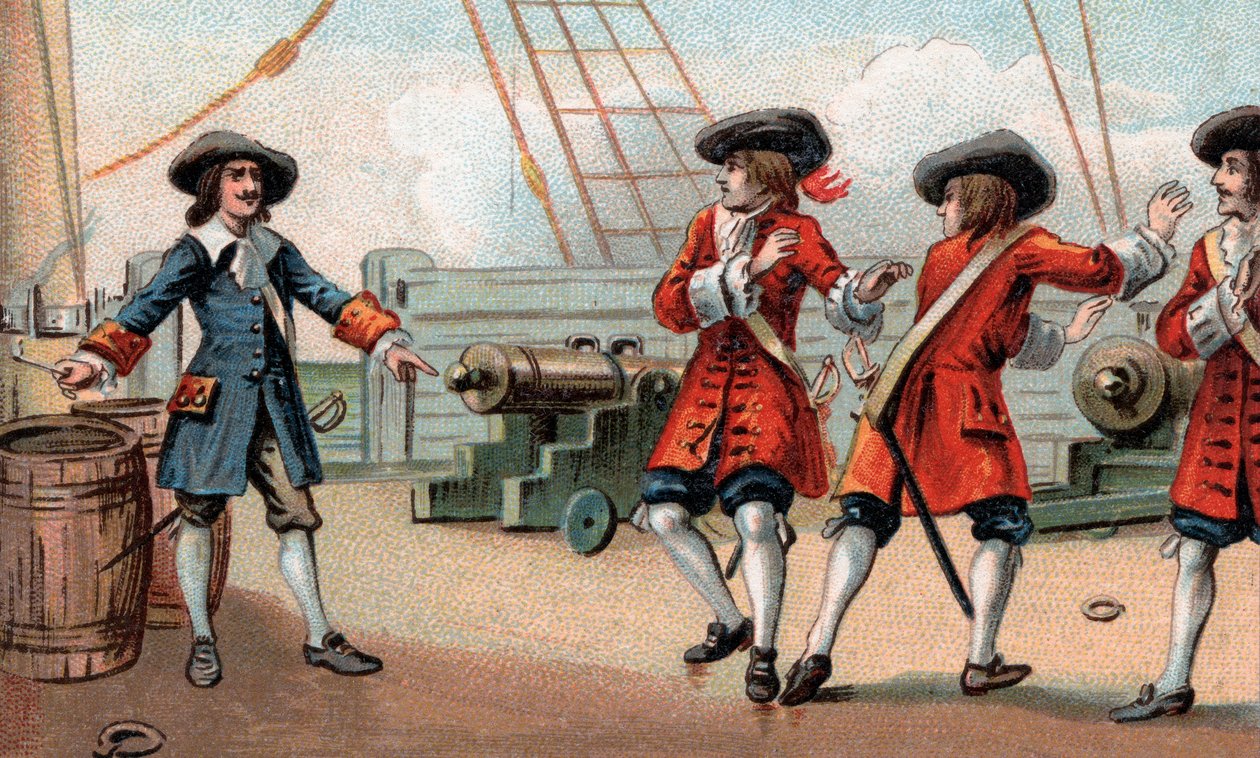 Jean Bart (1650-1702), francia haditengerészet parancsnoka és közkatona felrobbantással fenyegeti a hajóját – Jean Bart (1650-1702) egy angol közlegényt, aki foglyul ejtette, azzal fenyegetőzött, hogy felrobbantja a hajóját egy hajó felgyújtásával. hordó p alkotó: Unknown artist