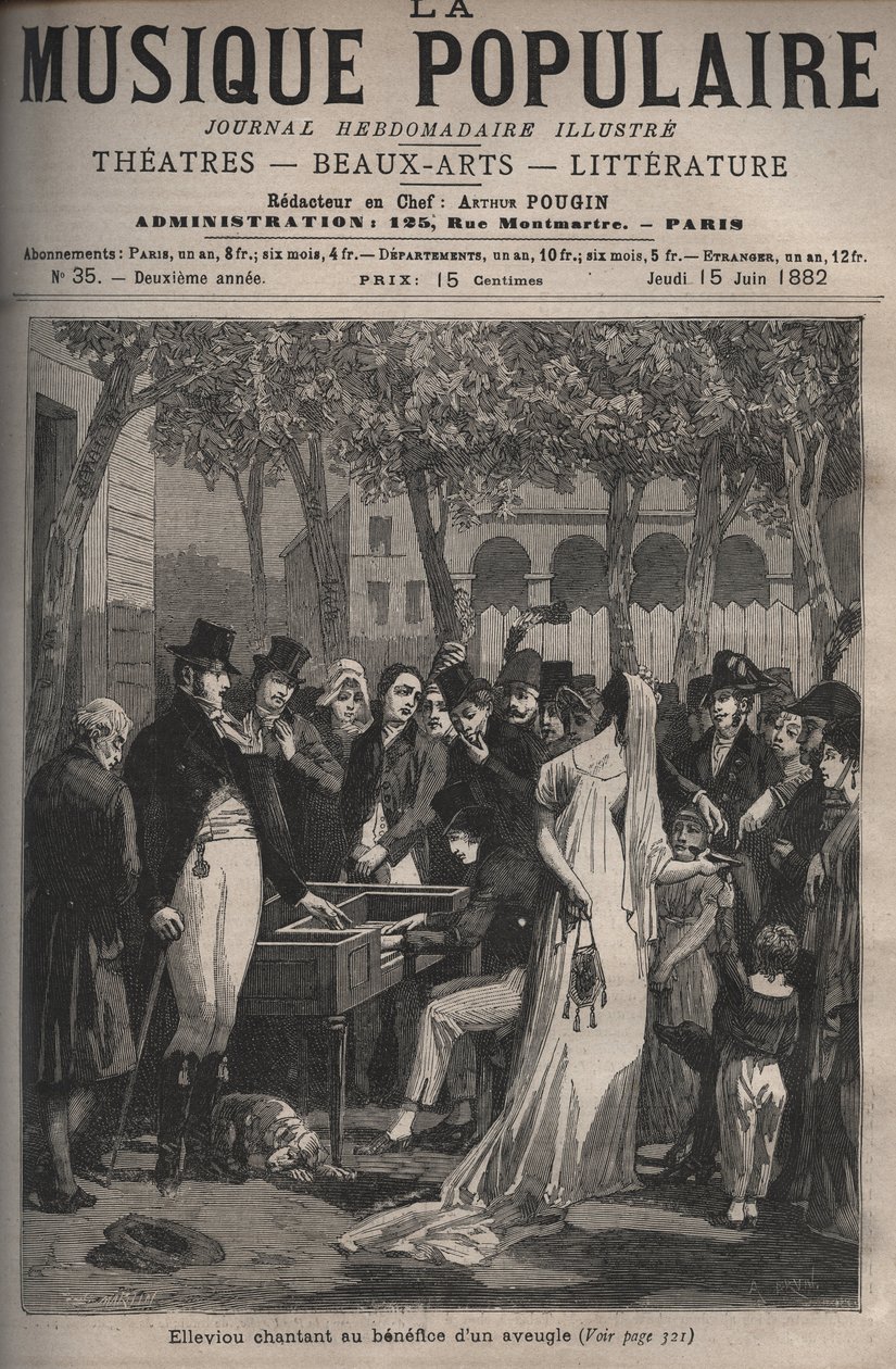Jean Elleviou francia énekes, humorista és librettista (1769-1842) egy vak ember javára énekel a Champs-Elysees-n 1801-ben - metszet a „La musique populaire” című hetilapban, illusztris - 1882 alkotó: Unknown artist