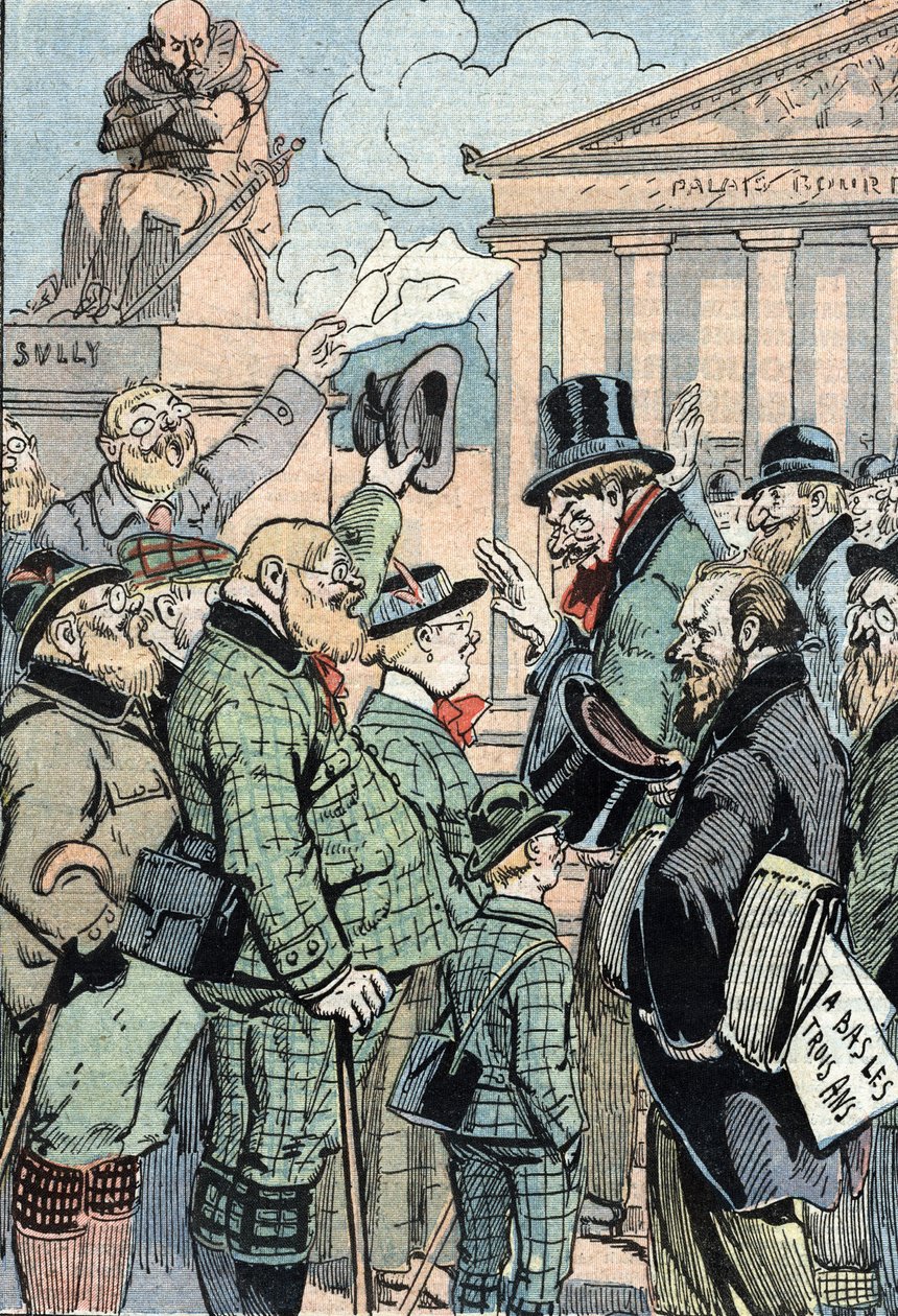 Jean Jaures egyesült szocialisták ellenzi a hároméves törvényt (katonai szolgálat) a németek képviseletében, 1914. június (A Jean Jaures által vezetett egyesült szocialistákat támogató németek ellenzi a hároméves törvényt, 1914. június) Karikatúra a "Le pe alkotó: Unknown Artist