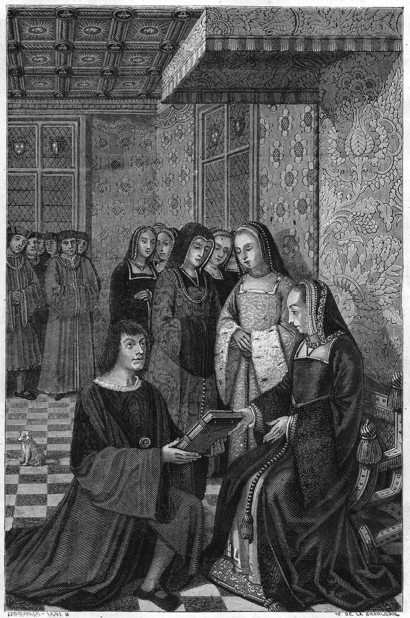 Jean Marot költő (1463-1526), verseskötetet ajánl Anna francia királynőnek. századi metszet. alkotó: Unknown artist