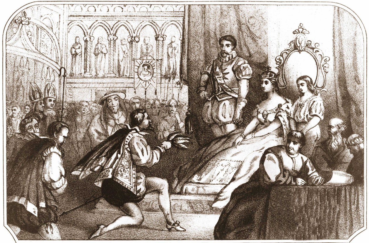 Jean Nicot bemutatja a dohánynövényt Catherine de Medicisnek (Caterina de Medici) és a Lotaringiai Ház nagypriorjának. 16. századi litográfia 1868 körül. alkotó: Unknown artist