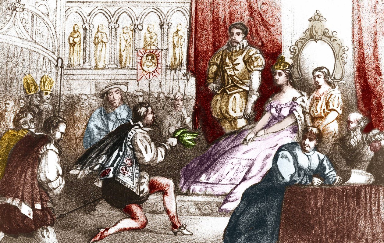 Jean Nicot bemutatja a dohánynövényt Catherine de Medicisnek (Caterina de medici) és a Lotaringiai Ház nagypriorjának. 16. század. századi metszet alkotó: Unknown artist
