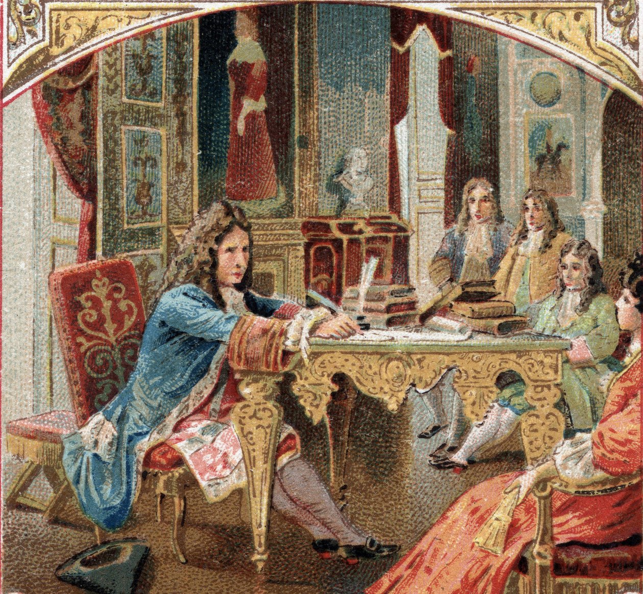 Jean Racine (1639-1699) „Eszter” és „Athalie” komponens a Maintenon kastélyban. A 19. század végének kromolitográfiája alkotó: Unknown artist