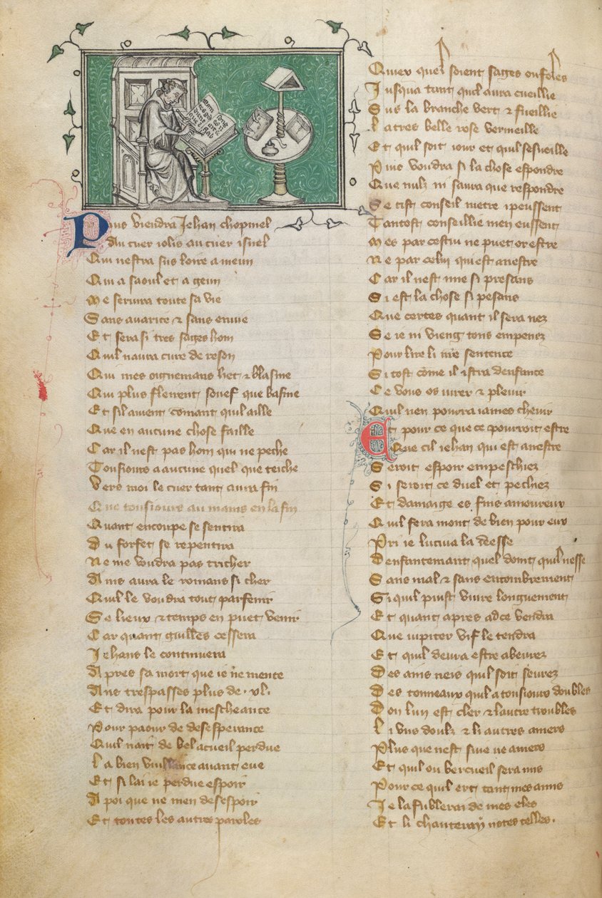 Jean de Meun írja költeménye nyitószavait (amely a 28. f.-tól kezdődik), a Roman de la Rose-ban alkotó: Unknown artist