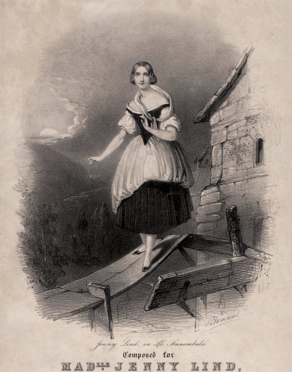 Jenny Lind, svéd szoprán, Bellini La sonnambula alvajáró jelenetében alkotó: Unknown