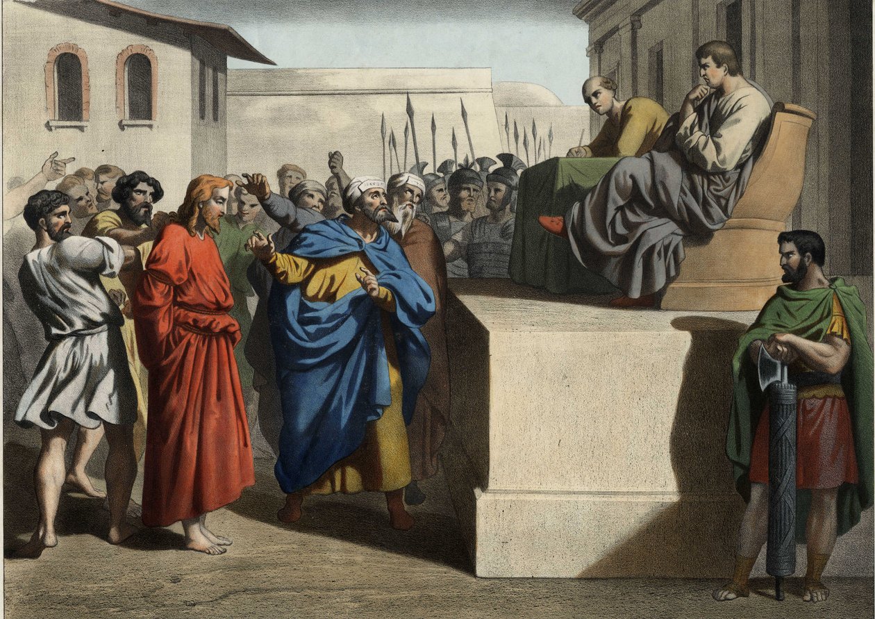 Jézus Krisztus Poncius Pilátus előtt (Pontius Pilatus). Névtelen metszet a 19. század közepéről. alkotó: Unknown artist