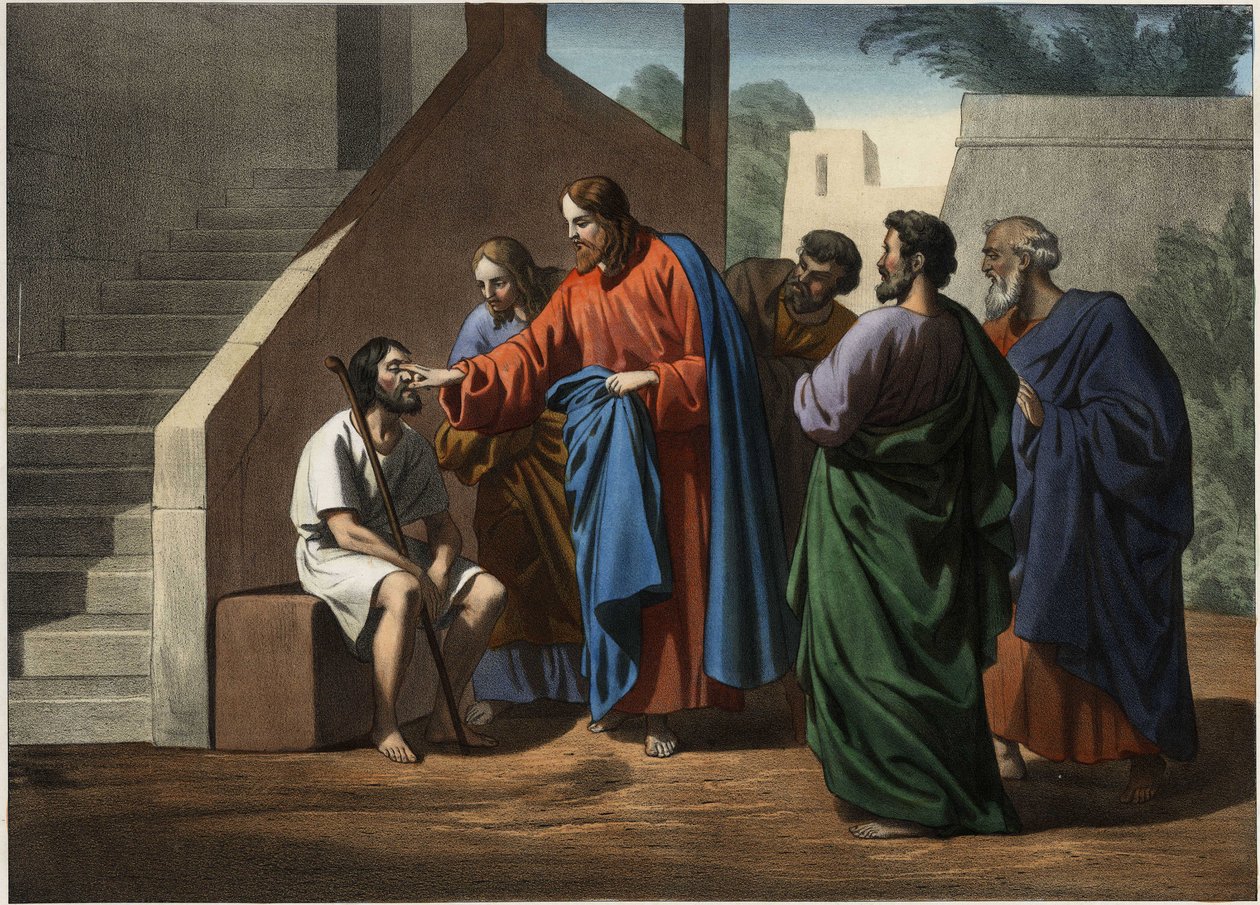 Jézus harcos, a vakon született ember. Névtelen metszet a 19. század közepéről. alkotó: Unknown artist