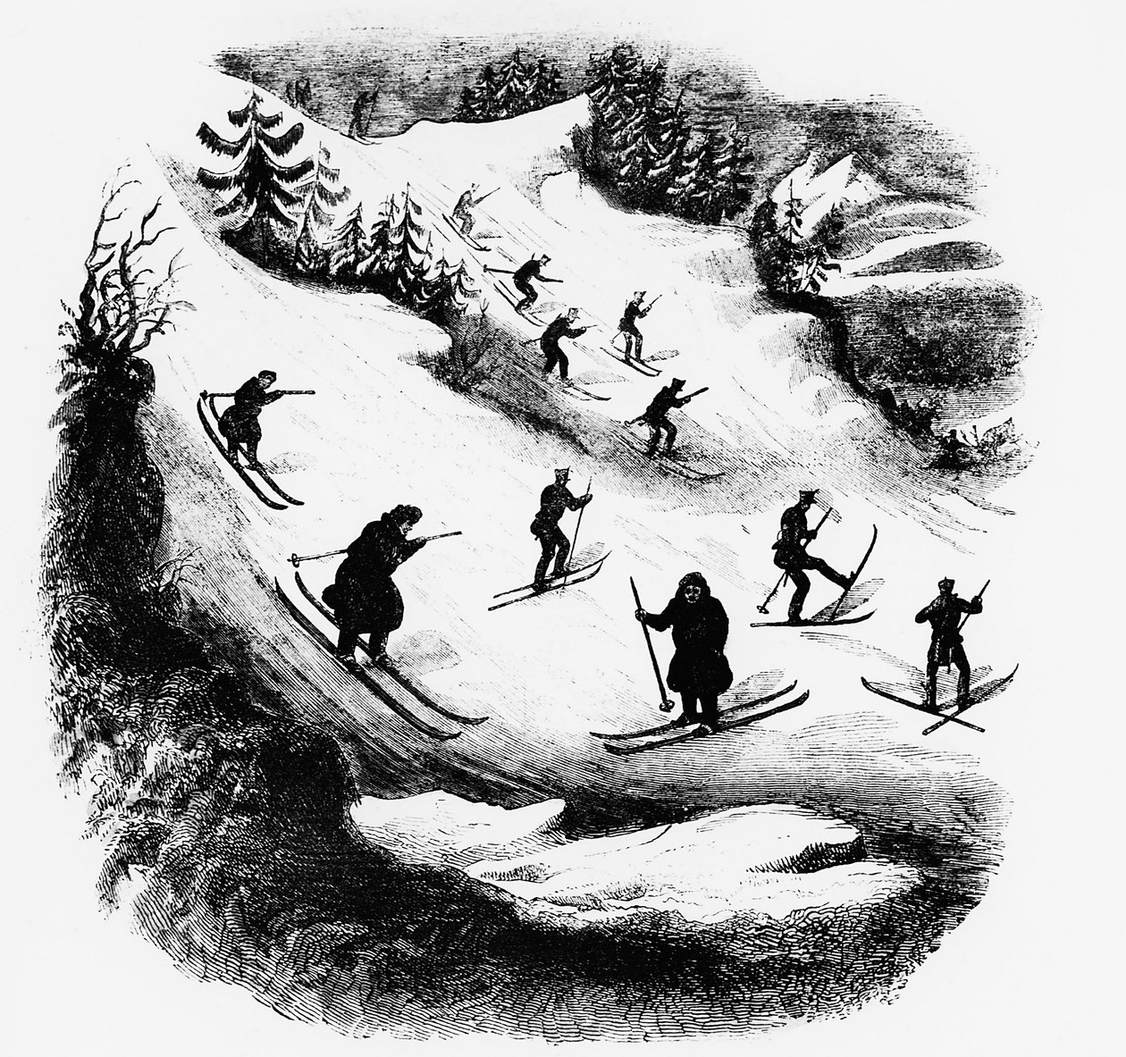 Jeux du Nord: síelők egy pályán - metszet, 19. század vége. alkotó: Unknown artist