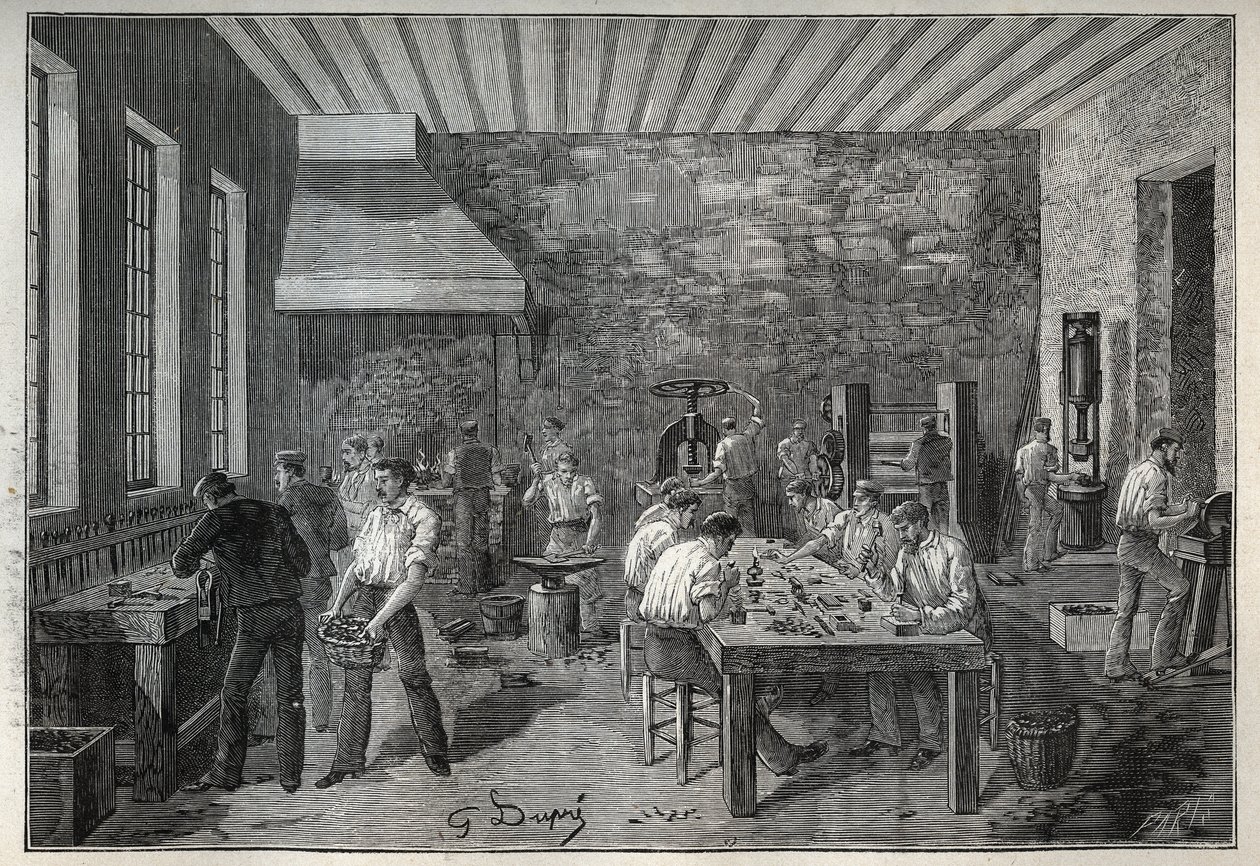 Ékszer: acél ékszergyár. Metszet 1885-ből Adolphe BITARD „Les arts et metiers illustres” című könyvében. alkotó: Unknown artist