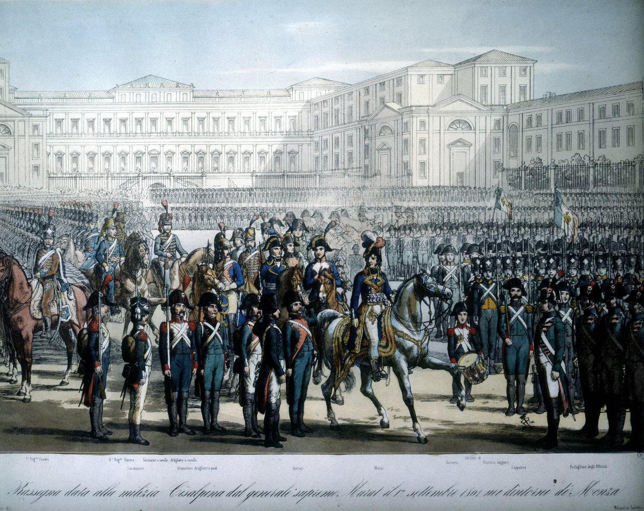 Joachim Murat (1767-1815), akit Napóleon Franciaország marsalljává és Nápoly királyává nevezett ki, áttekinti a Cisalpin Köztársaság csapatait alkotó: Unknown artist
