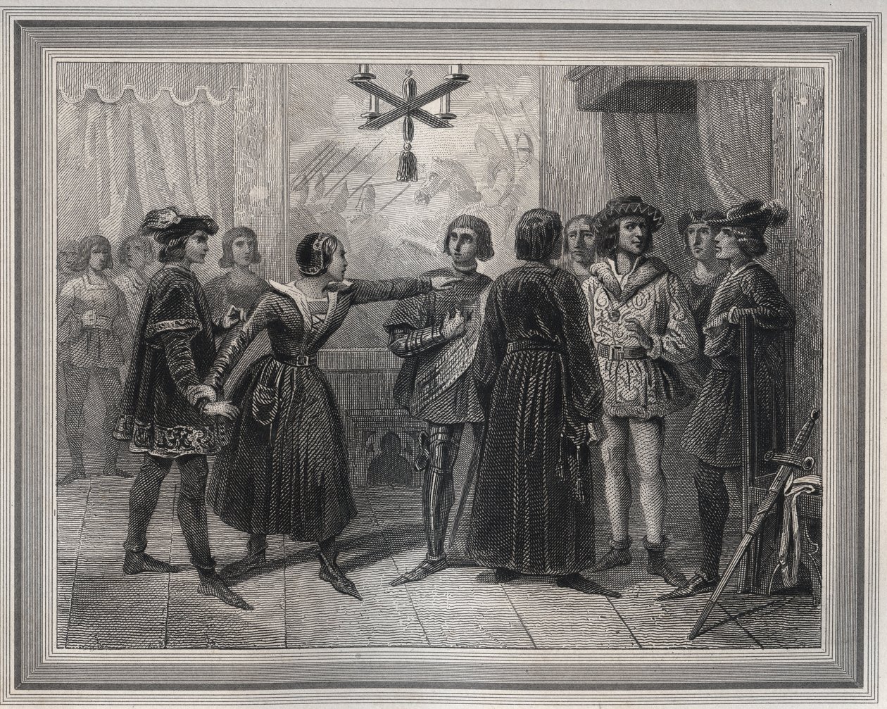 Jeanne of Arc, Chinonba érkezett (1429), akit VII. Károly (1403-1461) ismer el, aki az udvaroncok tömegében volt - „Les Fastes Populaires, avagy a nép hősi cselekedeteinek története és hatása a tudományra, vésése, művészet, ipar és a alkotó: Unknown artist