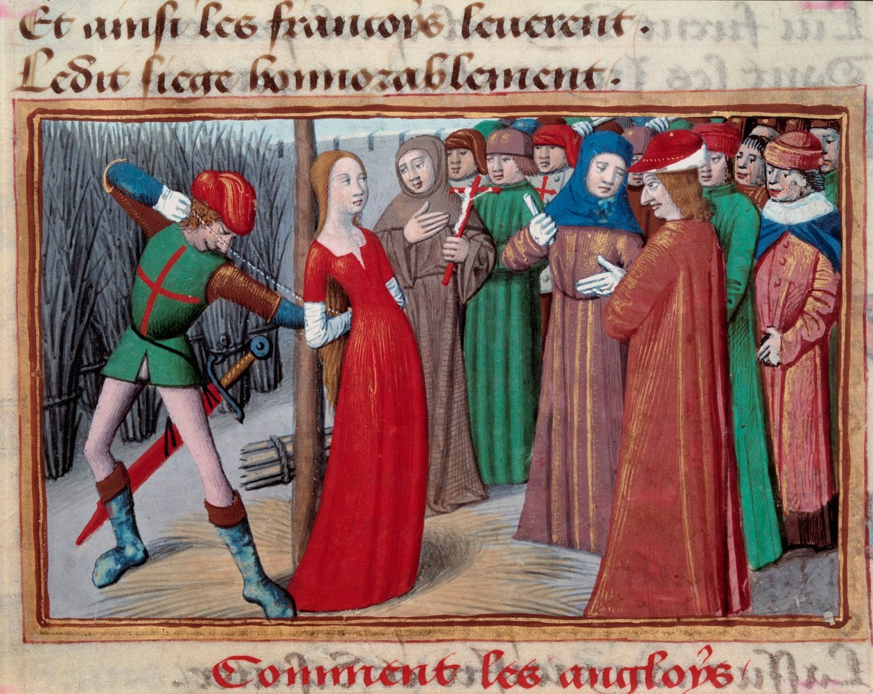 Jeanne of Bow (1412 -1431), a hentesre telepítve. Miniatűr Martial d