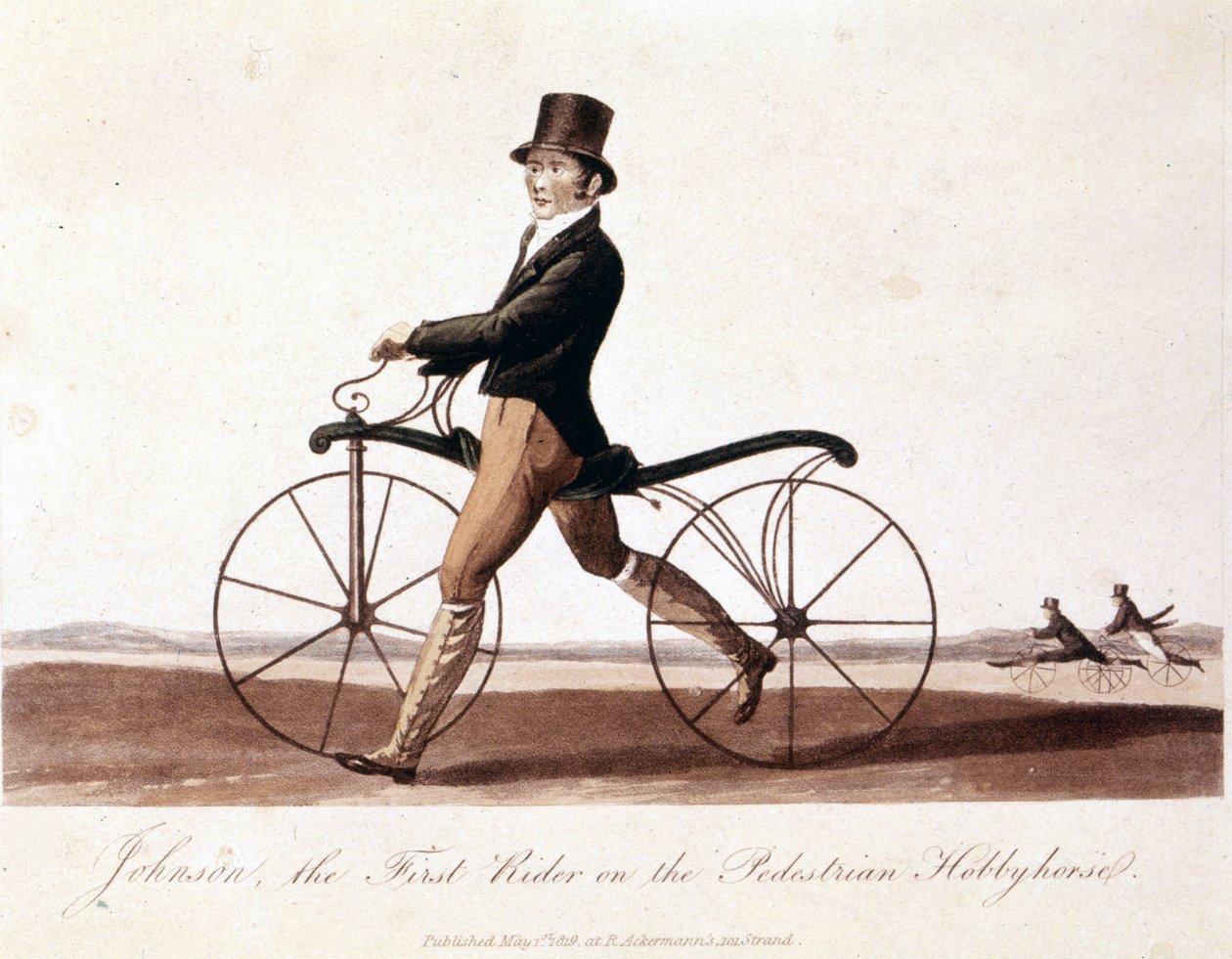 Johnson kerékpáron. Ez a báró von Drais által feltalált modell: a Draisienne. Fából volt és még nem volt pedál. 1819-es színes litográfia alkotó: Unknown artist