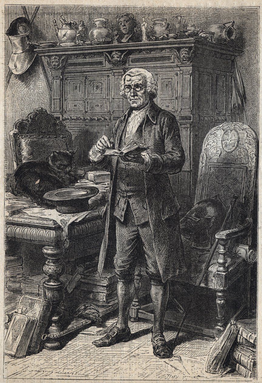 Jonathan Oldenbuck (vagy Aldinbbuck) – 19. századi illusztráció Walter Scott (1771-1832) „Az antikvárium” című regényéhez alkotó: Unknown artist