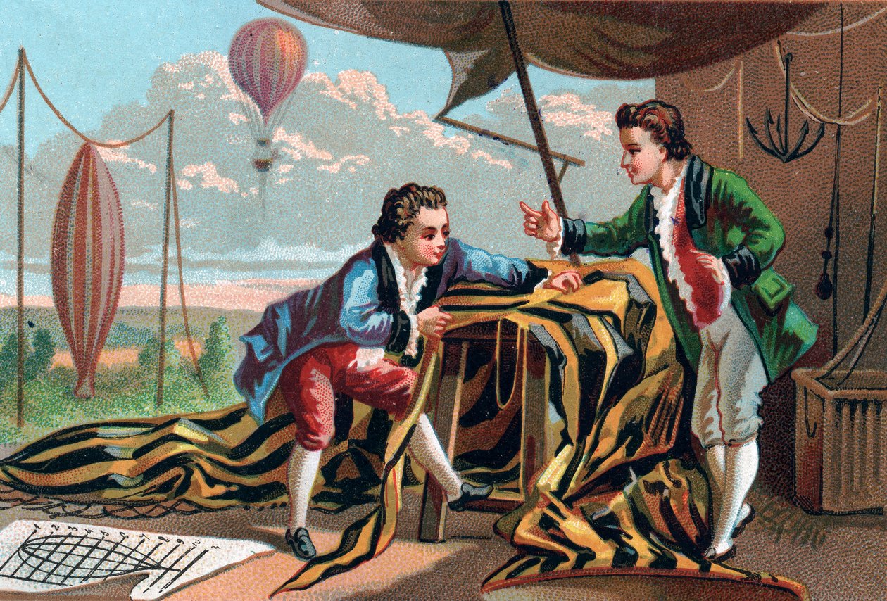 Joseph (1740-1810) és Etienne (1745-1799) de Montgolfier (testvérek) 1783-ban találták fel az aerosztátokat. A 19. század késői kromolitográfiája. alkotó: Unknown artist