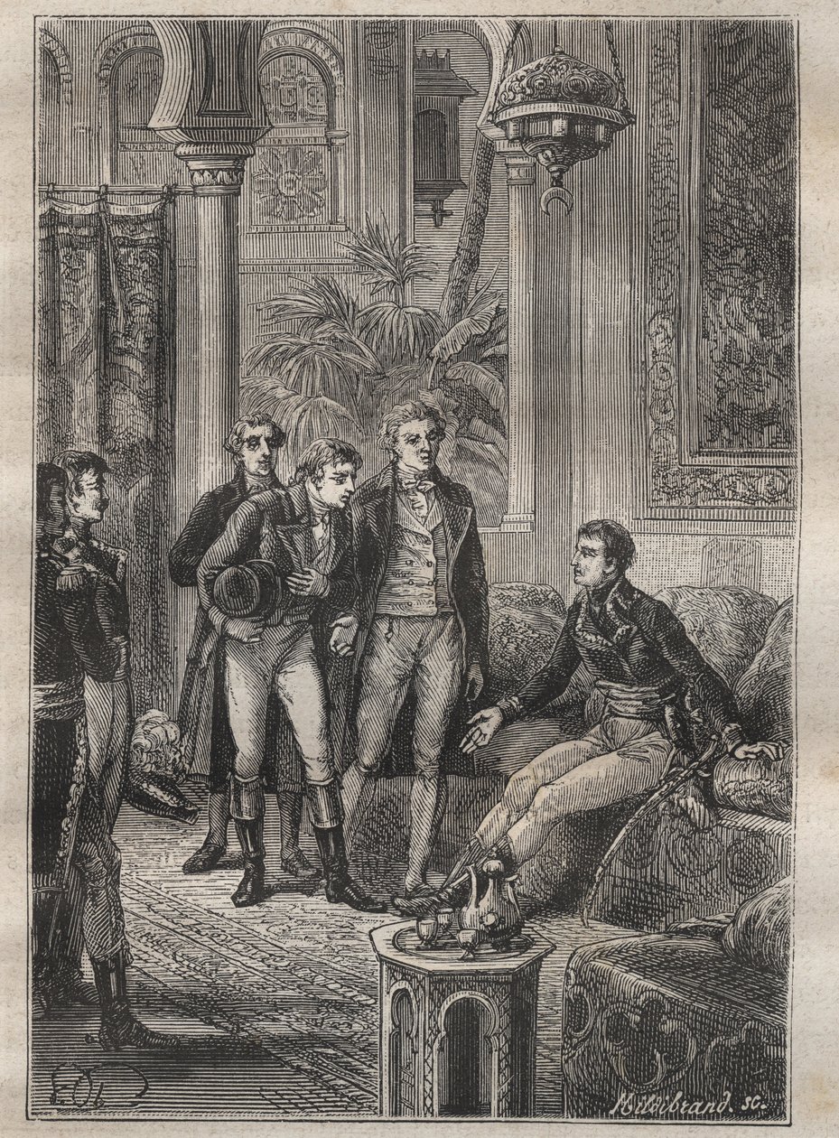 Frederic Conrad (Konrad) Hornemann (1772-1801) utazása Fezzanba (Líbia): Bonaparte üdvözli Hornemannt Kairóban (Egyiptom) – illusztráció a „18. századi nagy tengerészek” című filmből. alkotó: Unknown artist