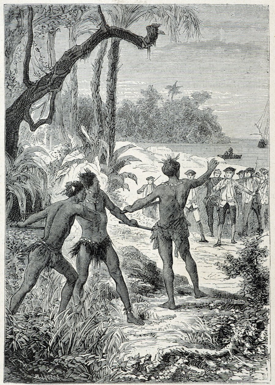 James Cook kapitány (1728-1779) utazása Új-Guineába: az első találkozás a bennszülöttekkel, illusztráció: „A 18. század nagy tengerészei” alkotó: Unknown artist