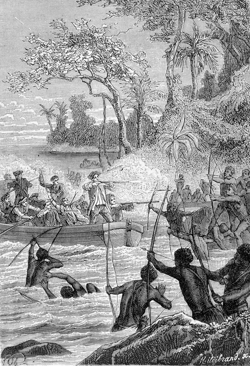 Carteret utazása Santa Cruz Ils-én, nem Nendo szigetére (Santa Cruz, Ndeni, Nitendi vagy akár Ndende): A bennszülöttek támadása nyílcsapásokkal – az illusztráció a „18. századi nagy tengerészek” című könyvből vett. ” alkotó: Unknown artist