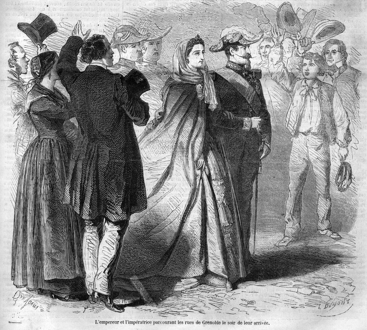 III. Napóleon császár (1808-1873) és felesége, Eugenie de Montijo (1826-1920) utazása Savoyai herceghez Savoyai gróf annektálása (márciusi torinói szerződés) után: itt sétál a császári pár Grenoble utcáin . Gravírozás tól alkotó: Unknown artist