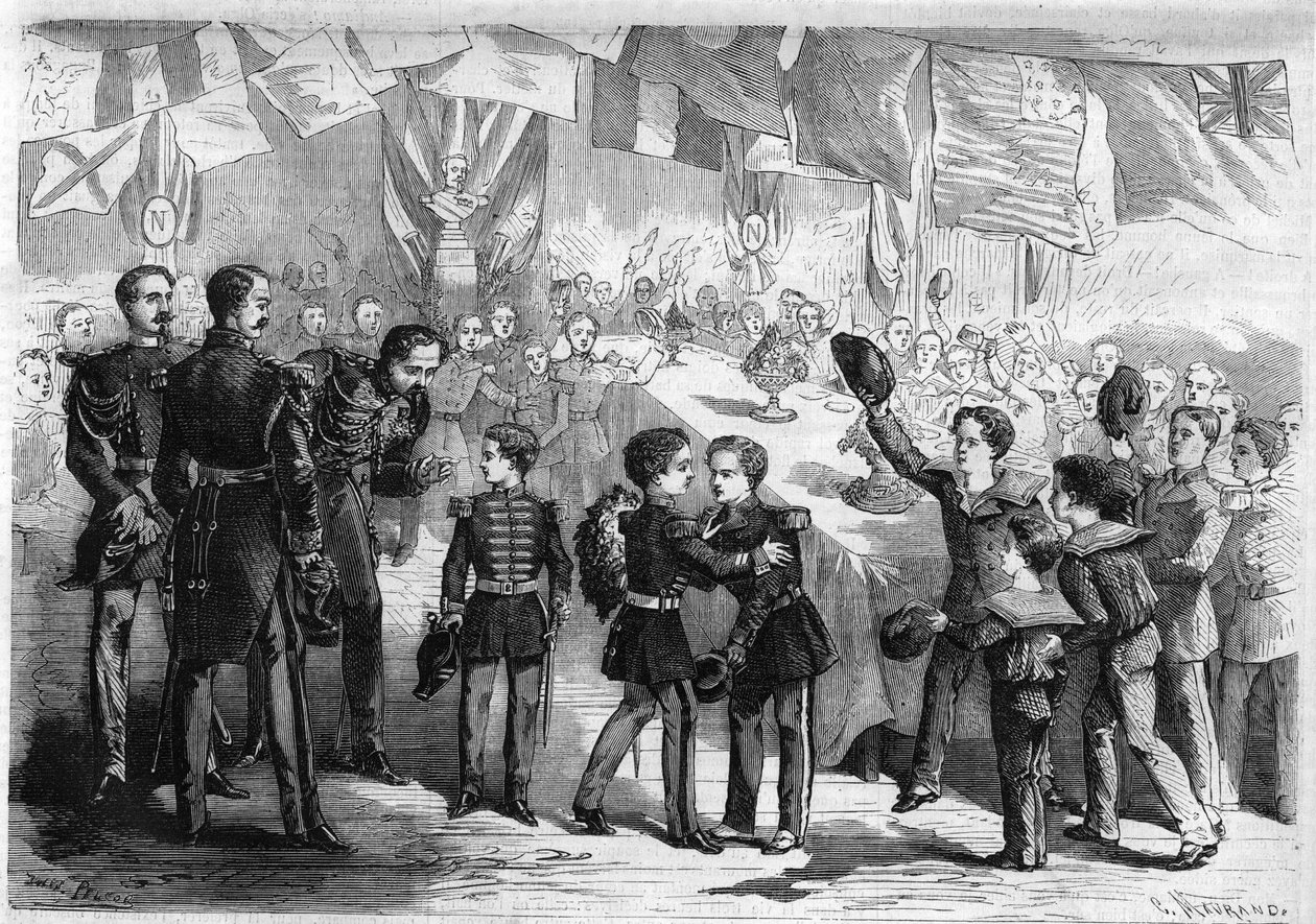 Őfelsége, Napóleon császári herceg, Jenő Louis Jean Joseph Bonaparte (1856-1879), III. Napóleon fia utazása a franciaországi Cherbourgba: mohák és csapatgyermekek csokrot ajánlanak a hercegnek. Metszet a "" The Illustrious Universe" -ba alkotó: Unknown artist