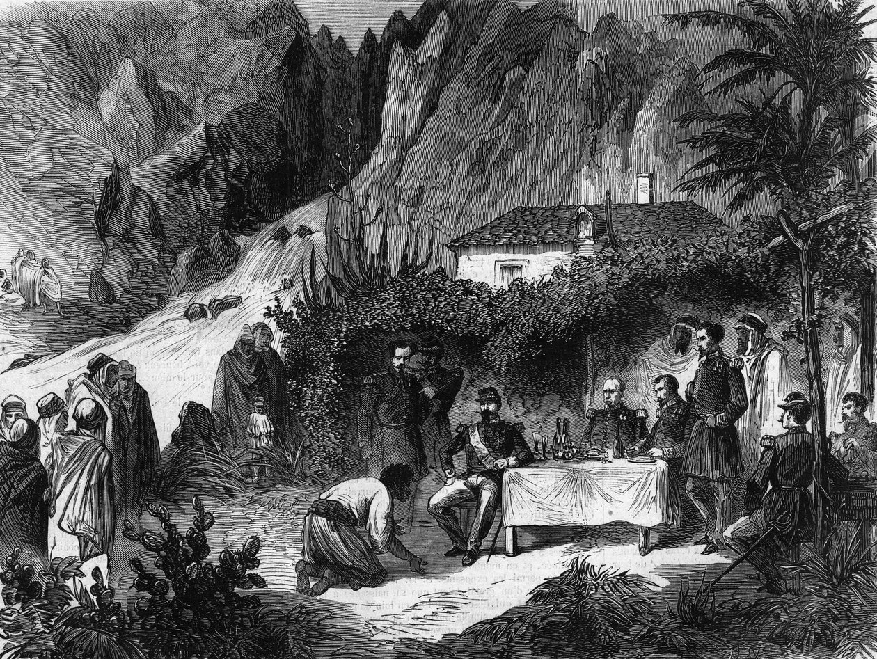 III. Napóleon, a francia császár utazása Algériába. 1860. szeptember. III. Napóleon a majmok patakánál ebédelve fogadja Barkát. Metszet 1865-ből. alkotó: Unknown artist