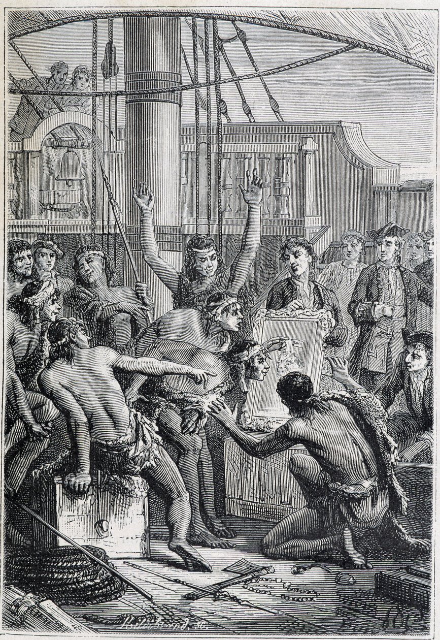 Samuel Wallis (1728-1795) utazása Polinéziába: bennszülött etonok tükörrel – illusztráció a „18. századi nagy tengerészek” című könyvből. alkotó: Unknown artist