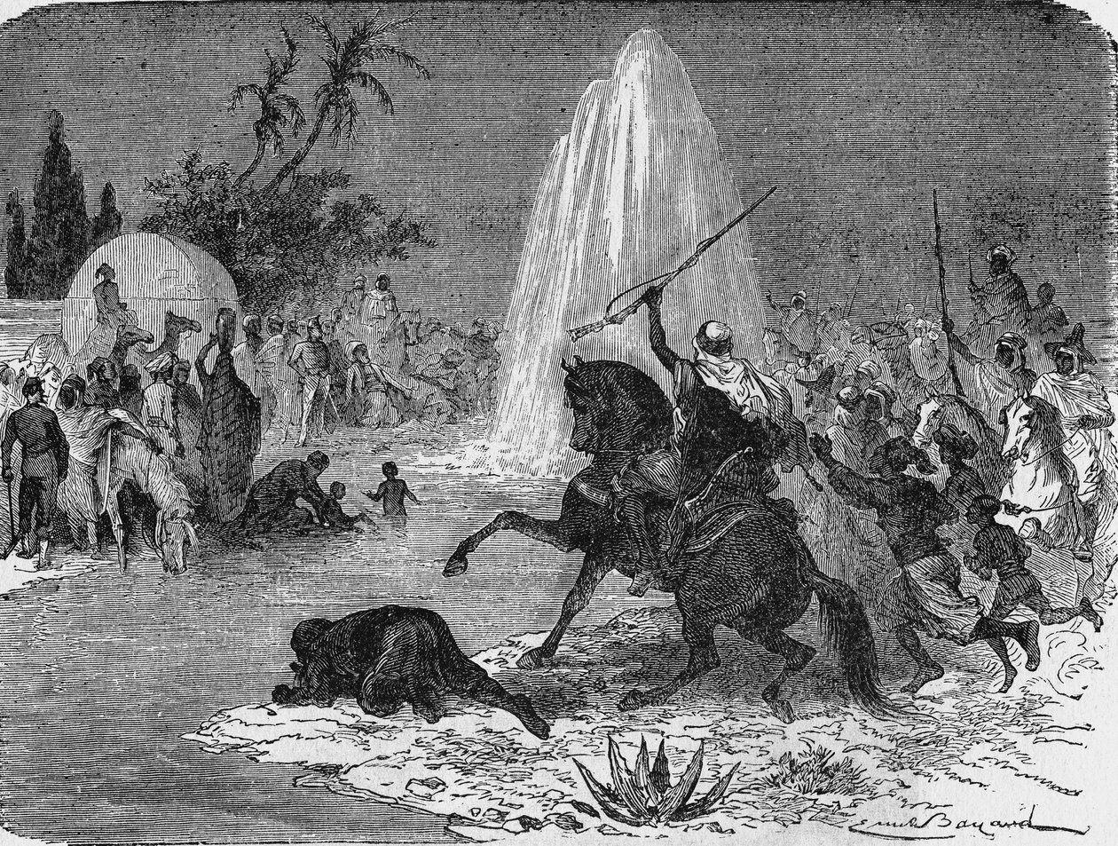 Az arabok öröme a szaharai sivatagban, a franciák által kovácsolt Sidi-Rached artézi kútjából folyó víz láttán. In” Album de la Science”, Éditions Jouvet alkotó: Unknown artist