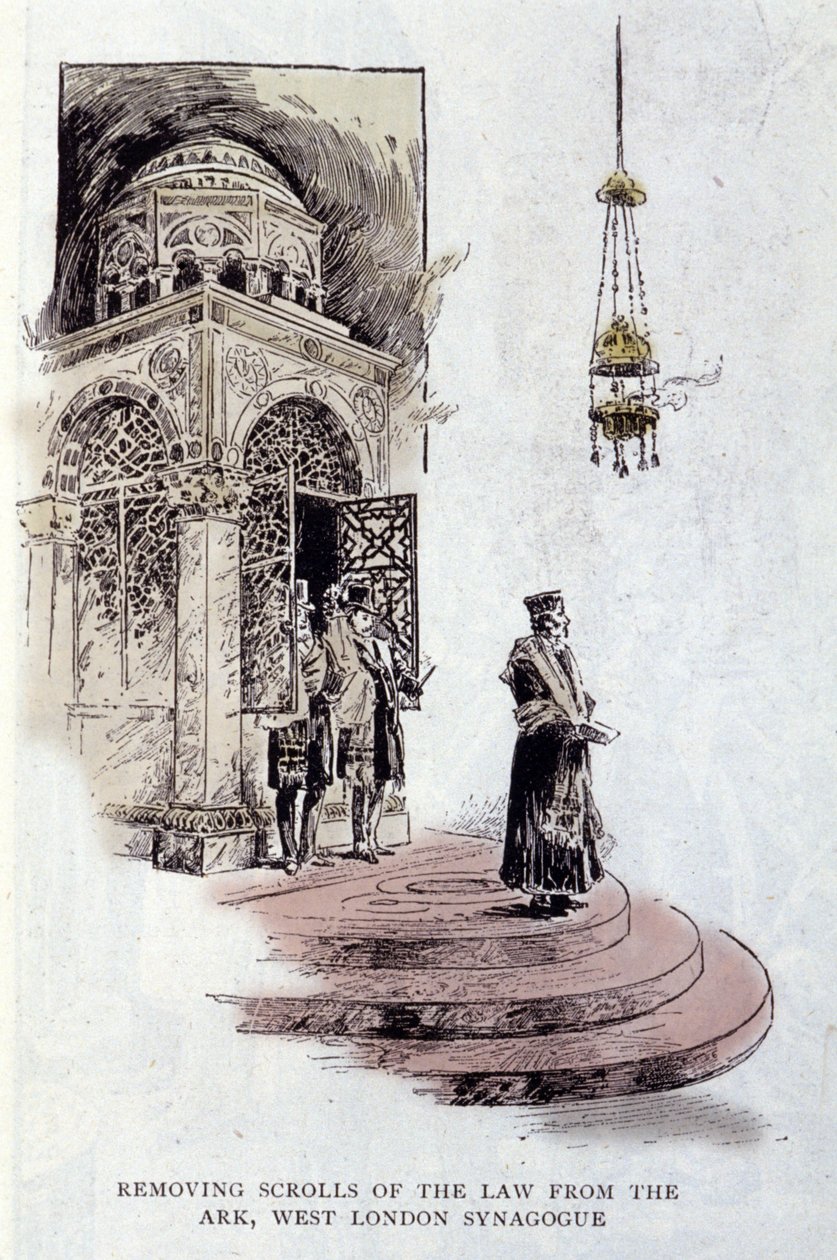 Judaizmus: Az általában a Szent Bárkába helyezett tóratekercseket szertartásokon használják fel. A rabbi a Tallit vagy Tzitzit imaidőt viseli. Nyugat-London Zsinagóga alkotó: Unknown artist