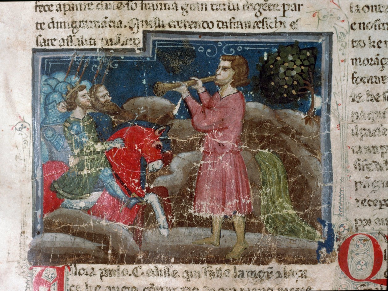 Jules Cesar (Kr. e. 101-44) harcosaihoz fordul Részlet egy kéziratos oldalról: „A rómaiak tényei” (Ms 1538, fol 15r) 1340 körül Firenze, Biblioteca Riccardiana alkotó: Unknown artist