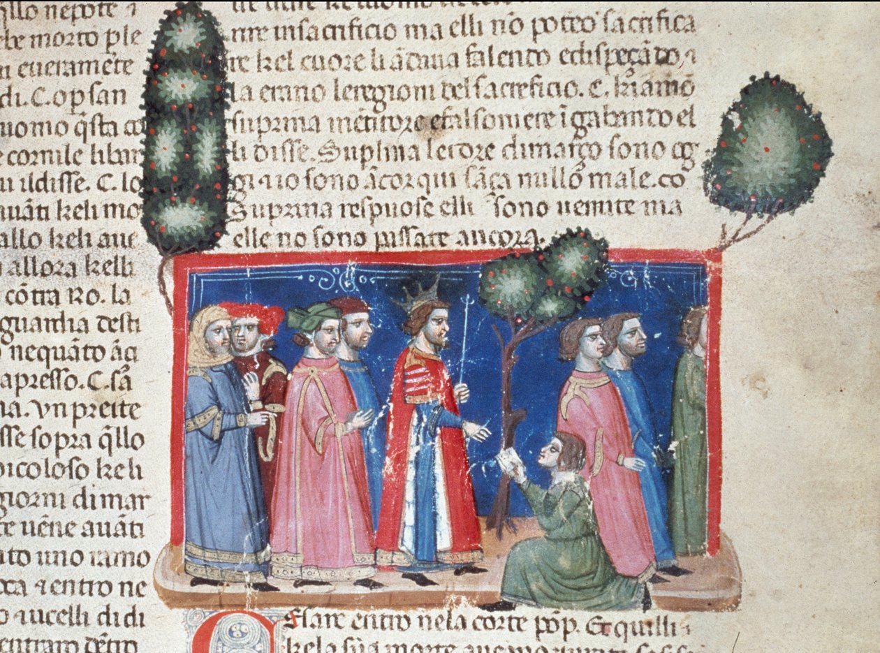 Jules Cesar (Kr. e. 101-44) megtanulta Catilina megidézését Kr.e. 63-ban, politikai összeesküvés a lerombolására. Részlet egy kéziratos oldalról: „A rómaiak tényei” (Ms 1538, fol 50r) 1340 körül Firenze, Biblioteca Riccardiana alkotó: Unknown artist