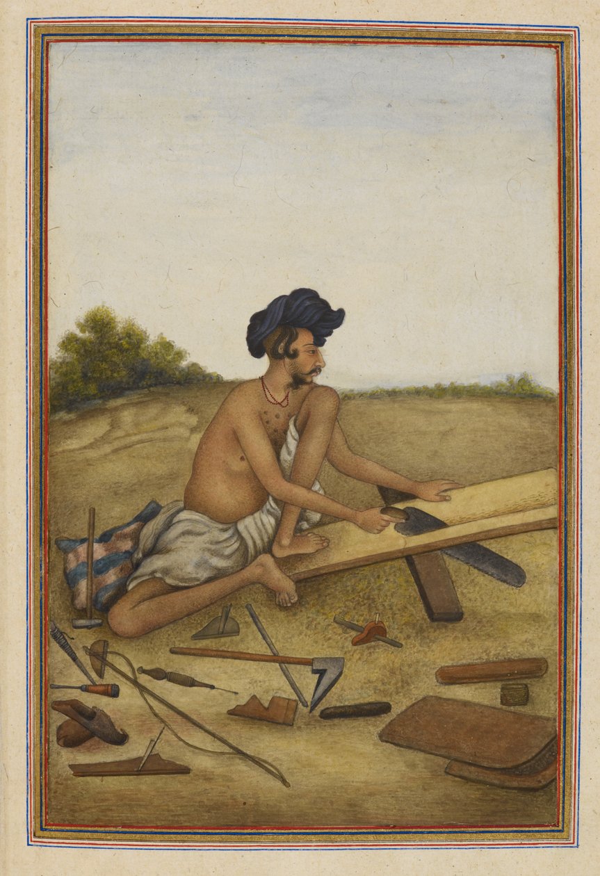 Khati vagy Tarkhan, a Panjab asztalos kasztja. Ember fűrészelt egy deszkát. alkotó: Unknown artist