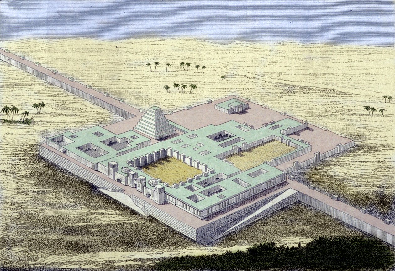 Khursabad (Irak). II. Sargon, asszír király palotájának rekonstrukciója i. e. 722-től 705-ig 19. századi metszet. alkotó: Unknown artist