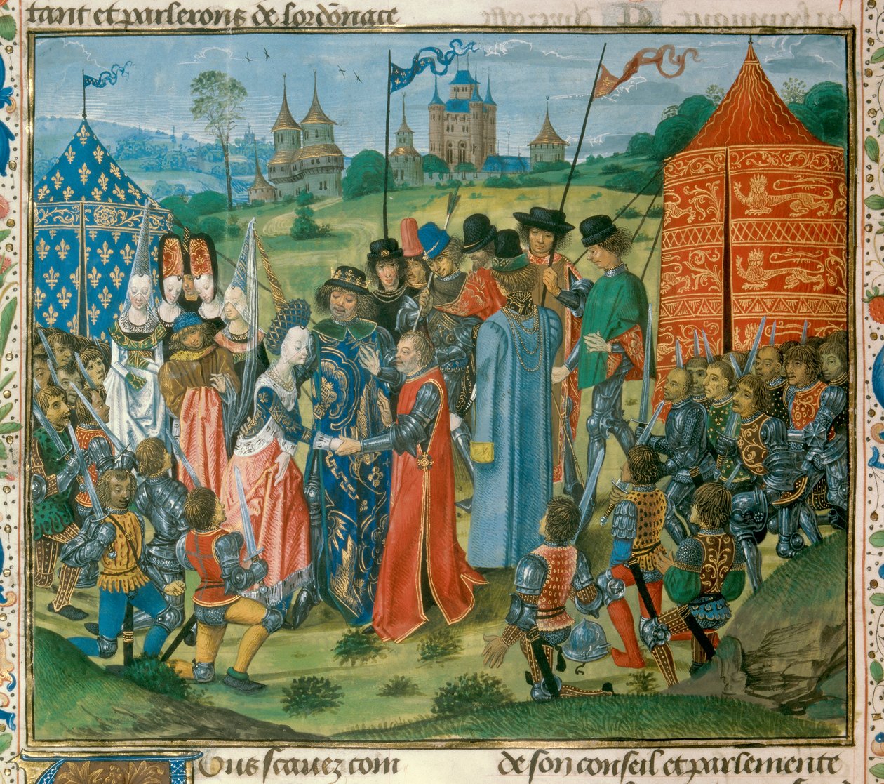 VI. Károly király (1368-1422) átadta lányát, francia Izabellát (1389-1409) II. Richárd (1367-1400) angol királynak a francia és angol urak gyűlése előtt Jean Froissart (1337-) „Krónikáiból” miniatűr. 1400) 15. századi Párizs. B.N. alkotó: Unknown artist