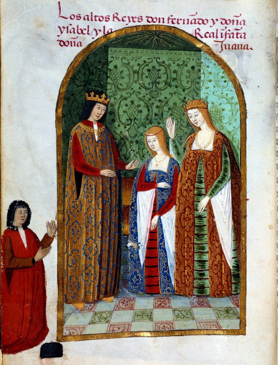 II. Ferdinánd király, Aragónia és Szicília királya (1452-1516), Joan, Kasztília királynője (1479-1555) és I. Izabella kasztíliai (más néven katolikus), Spanyolország királynője (1451-1504). Miniatűr a „Da Juana királynő áhítatában, akit őrült nőnek nevezte alkotó: Unknown artist