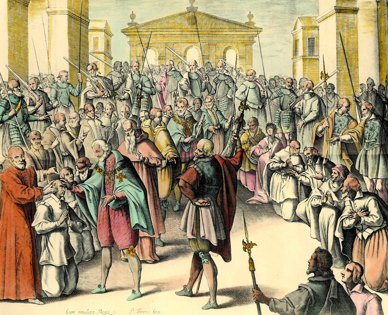 IV. Henrik király (1553-1610) megérinti egy beteg ember homlokát.”” A király thaumaturge, hatalmában áll meggyógyítani az ecrouellákat ennek a képletnek a kiejtésével. Metszet Andre du Laurens (1558-1609), IV. Henrik király orvosának vázlatából alkotó: Unknown artist