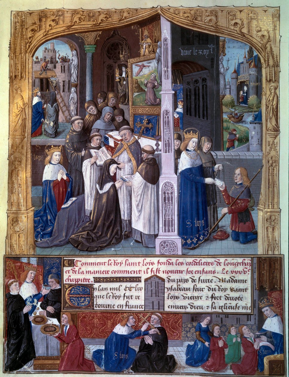 IX. Lajos király (1214-1270) (Szent Lajos) 1255-ben építtette fel a Cordeliere de Longchamp apátságot Rouvray (Boulogne) erdőjében, a Miniature király keresztény jótékonyságának jeleneteit „A tények könyve Monseigneur Saint Louis” kéziratból vették át. ” 1 alkotó: Unknown artist
