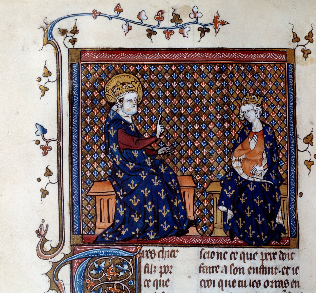 IX. Lajos király (1214-1270) a király mesterét tanítja fiának, a leendő III. Fülöpnek Miniatűr egy 14. századi kéziratból. Chantilly, Conde Múzeum alkotó: Unknown artist