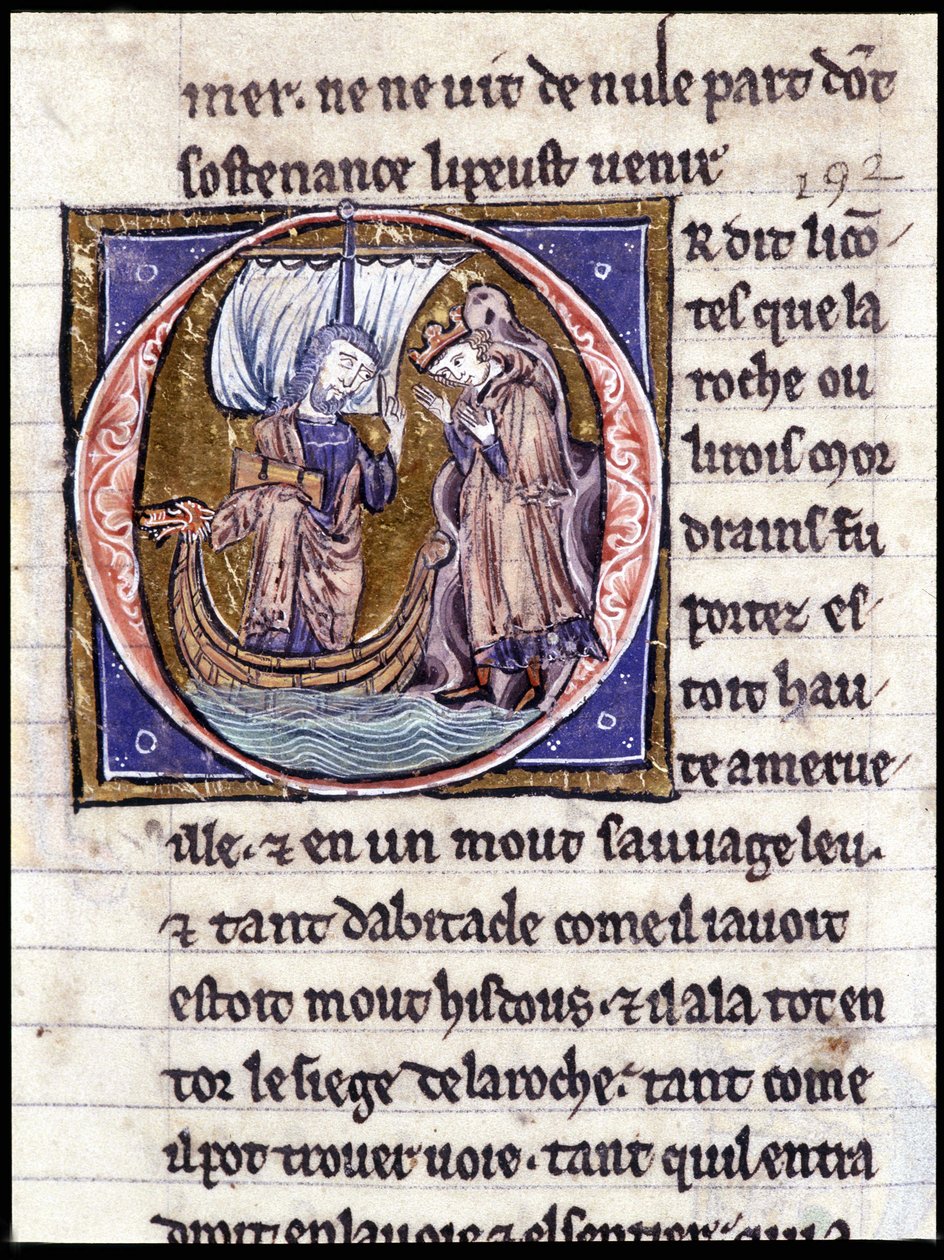 Modreius király. Kézirat: Szent Gréal meghódítása, 717 évvel urunk szenvedélye után. Bibliotheque Municipale de Rennes, ms. 255 (A Kerekasztal regénygyűjteménye); Párizs alkotó: Unknown artist