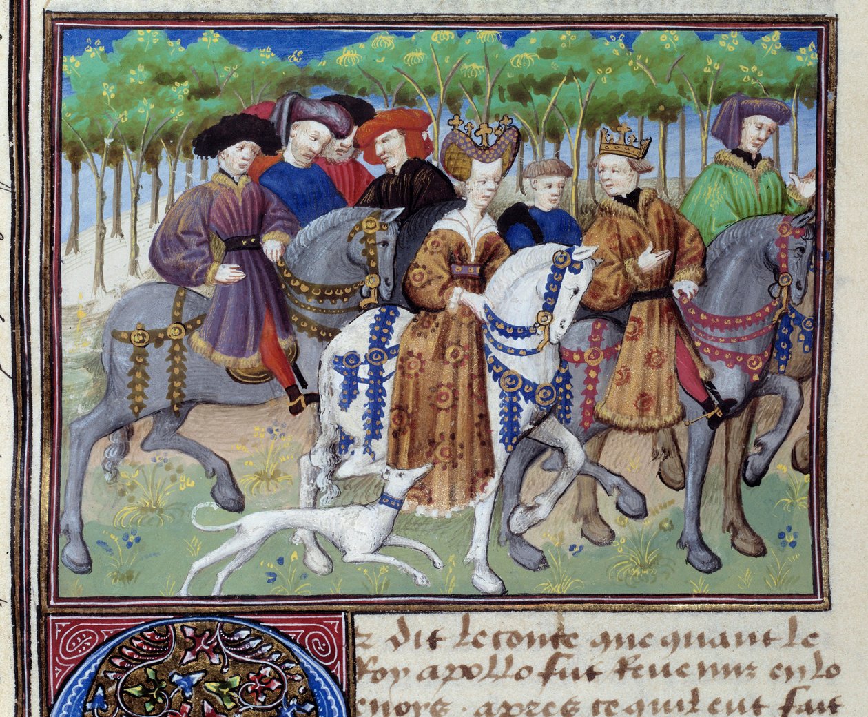 Király és királynő vadászni mennek (VI. Valois Fülöp és Navarrai Blanche (?)) Miniatűr a Le livre de la chasse című filmből”, Gaston III Phoebus, Foix grófja, Bearn ura (1331-1391) alkotó: Unknown artist