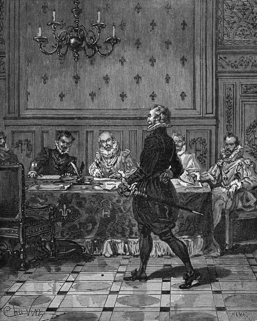 IV. Henrik francia király (1553-1610) (állva) a követeivel való találkozón. századi metszet. Jules Michelet „Histoire de France” című művében alkotó: Unknown artist
