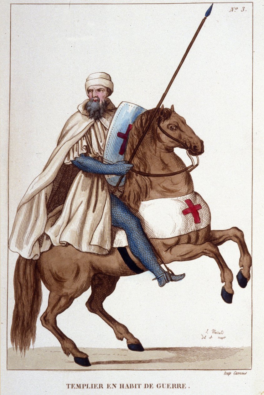 Templomos lovag 14. századi háborús ruhában, 1830-as metszet alkotó: Unknown artist