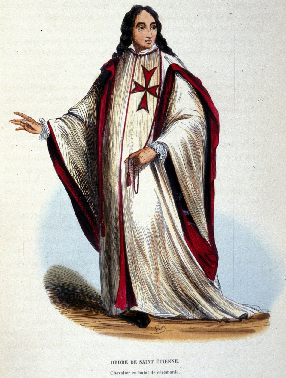 A Szent István-rend lovagja ünnepi ruhában. A toszkán nagyherceg által 1561-ben létrehozott katonai és vallási rend. XIX. századi metszet. alkotó: Unknown artist