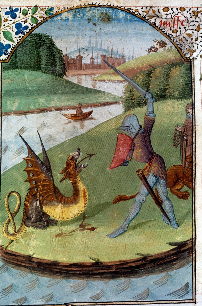 A kerekasztal lovagjai: „Lancelot harcol a sárkány ellen”” Kéziratos miniatűr „” Lancelot du Lac regénye” alkotó: Unknown artist