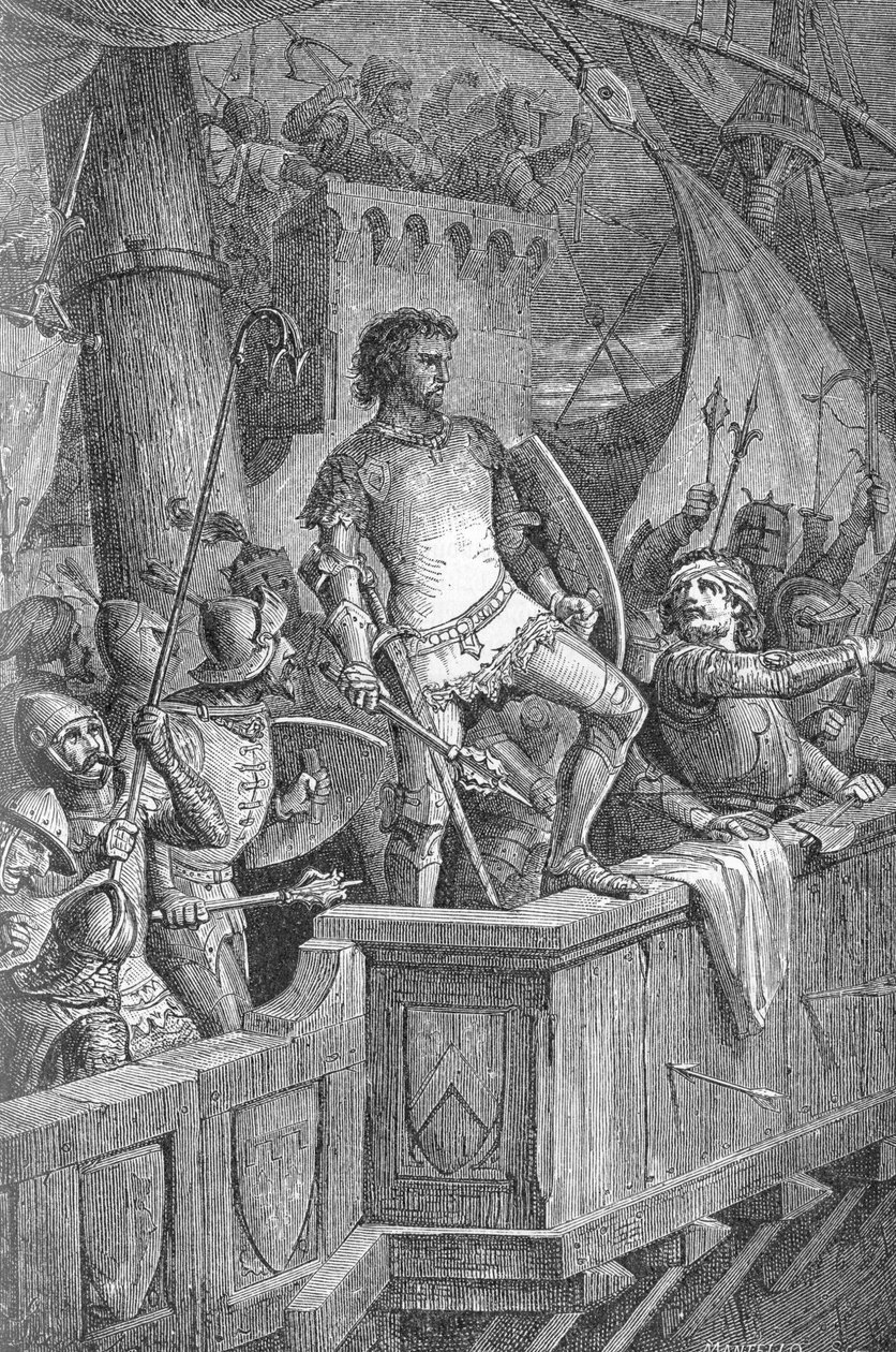 Nagy Knut (Canut I) (994 vagy 995-1035) - Nagy Cnut emberei a londoni hídon, II. norvég Olaf (II. Olaf Norvég) támadása alatt - Richard „Kaiser, Konig une Papst” metszet Roth alkotó: Unknown artist