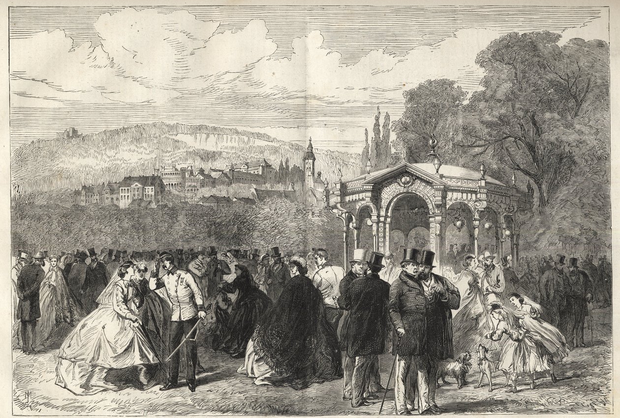 Konversationshaus - Baden Baden (Baden-Baden), Németország - Séta a beszélgetőház előtt - Baden-Baden általános képe a Beszélgetés Háza kertjéből - 1867 alkotó: Unknown artist