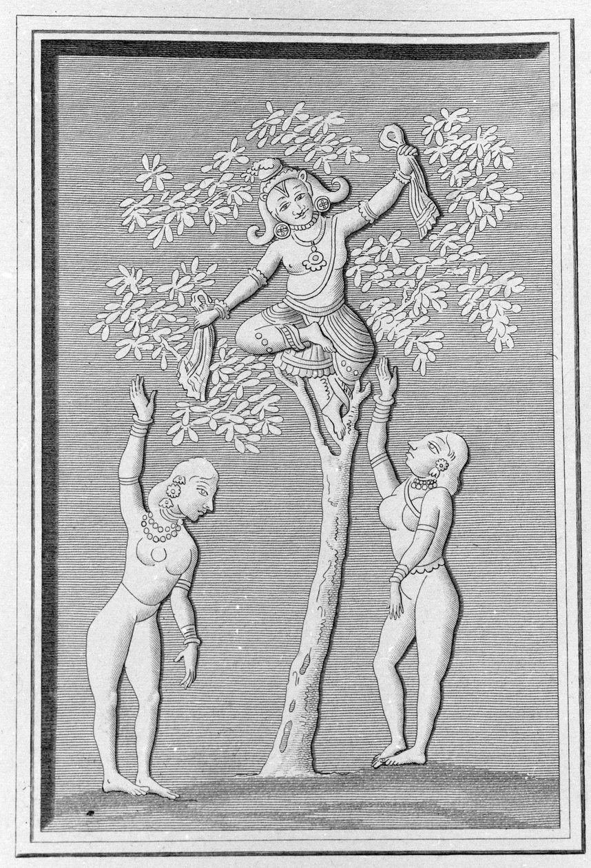 Krisna repül két gopival. metszet a „Hindusztán ókori és modern műemlékei” című könyvébe, L. M. Langles, Párizs 1821. alkotó: Unknown artist